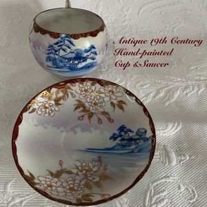 RARE Antique 19th Hand Painted Asian Cup and Saucer Set HTF